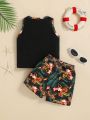 SHEIN Baby Boy Flower Pattern Colorblock Pocket Vest And Shorts 2pcs Outfit