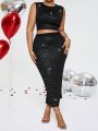 SHEIN BAE Plus Size Sparkling Sleeveless Top And Mermaid Skirt Two-Piece Set