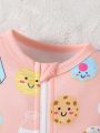 SHEIN Baby Girl Pink Simple Donut & Milk Printed Full Printed Long Sleeve One-Piece Jumpsuit