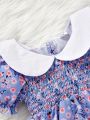 Elegant Floral Printed Knitting Contrast Color Peter Pan Collar Jumpsuit For Baby Girls, Cute & Versatile, Suitable For Traveling