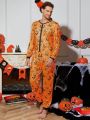 Men 1pc Halloween Pumpkin Print Sleep Jumpsuit