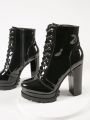 Faux Patent Leather Lace Up Block Heel Boots