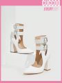 Cuccoo Everyday Collection Women Shoes Pointed Toe Wthite Chunky Heel Pumps With Ankle Strap & Buckle