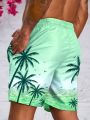 Manfinity Swimmode Men's Drawstring Waist Coconut Tree Printed Beach Shorts With Pockets