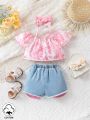 Baby Girl Spring And Summer Pink Tie-Dyed Off-Shoulder Top And Ripped Denim Shorts Set With Headband