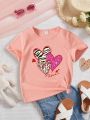 SHEIN Girls' Cute Leopard Print Heart Pattern Short Sleeve T-Shirt