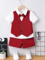 SHEIN Kids EVRYDAY Boys' Fashionable And Casual Elegant Gentleman Style 2 In 1 Short Sleeve Shirt And Shorts Set