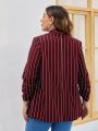 SHEIN LUNE Plus Striped Print Shawl Collar Ruched Sleeve Blazer