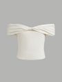 SHEIN Kids FANZEY Tween Girls' Off-Shoulder Knit T-Shirt With Twist Detail