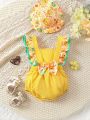 Baby Girls' Duck Printed Ruffle Strap Romper With Hat, Comfortable, Fashionable, Interesting And Leisure For Spring/Summer