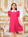 SHEIN Kids Nujoom Tween Girls' Loose Casual Bubble Short Sleeve Dress With Decorative Collar And A-Line Skirt
