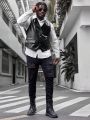 Manfinity Homme Men'S Plus Size Flip Details Button Up Pu Leather Vest As Suit Jacket Outerwear
