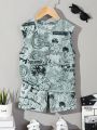 SHEIN Kids HYPEME Young Boy Casual Loose Vest Top With Cartoon Character Print, Wide Shoulder And Shorts Outfit Set