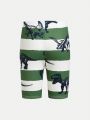 SHEIN Tween Boys' Casual Dinosaur & Stripe Print Short Sleeve Top And Shorts Knit Bodycon Home Wear 2pcs/Set
