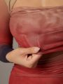 SHEIN BAE Valentine's Day Asymmetrical Off-Shoulder Gradient Printed Mesh Pleated Women Long-Sleeved Bodysuit