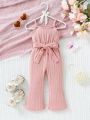 SHEIN Baby Girl Casual & Elegant Sleeveless Jumpsuit With Flared Hem And Belt