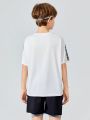 SHEIN Tween Boys Loose Fit Casual Round Neck Short Sleeve Sports T-Shirt With Letter Print