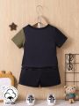 Letter Patchwork Green T-Shirt And Ripped Shorts Street Style Fashion Baby Boy Outfits
