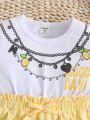SHEIN Kids EVRYDAY Little Girls' Lemon And Chain Print Color Block Casual Dress