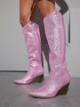 Rhinestone Side Zipper Knee High Boots