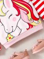SHEIN Baby Girls' Leisure Color Block Striped Cartoon Unicorn Printed Long Sleeve Hoodie