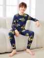 SHEIN Boys' Casual Tight-fit Excavator Pattern T-shirt And Long Pants Set, Home Wear