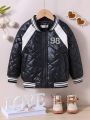Boys' Casual Jacket With Diamond Quilted Pattern, Embroidered Numbers, Zipper And Inserted Shoulder Sleeves