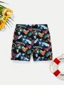 SHEIN Boys' Printed Close-Fitting Swim Trunks For Leisure