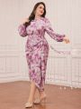 SHEIN Modely Plus Size Women'S Full Printed Twist Knot Detail Lantern Sleeve Dress