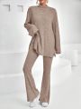 SHEIN Essnce Women's Stand Collar Solid Color Ribbed Knit Top With Split Hem And Flared Pants Two Piece Set