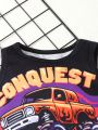 Baby Boys' Summer Street Style Off-Road Vehicle And Letter Printed Vest And Shorts Set