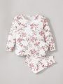 2pcs/Set Baby Girls' Floral Printed Long Sleeve T-Shirt And Pants Pajamas, Slim Fit