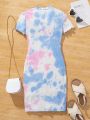 SHEIN Kids EVRYDAY Tween Girls' Knitted Tie-Dye Heart Hollow Out Slim Fit Casual Dress