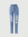 Teenage Girls' Fashionable And Versatile Skinny Jeans With Distressed Detailing For Daily Wear