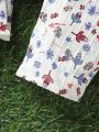 SHEIN Newborn Baby Girls' Short Sleeve Leaf Print Jumpsuit, Daily Summer Style