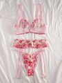Floral Embroidery Mesh Sexy Lingerie Set