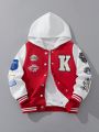 SHEIN Kids HYPEME Boys' College-Style Sport Baseball Jacket With Badge & Print & Patchwork Design Hoodie