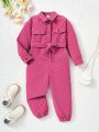 SHEIN Kids KDOMO Toddler Girls' Casual Jumpsuit With Pocket Decor