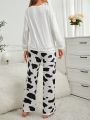 Ladies' Letter Printed Top And Cow Pattern Printed Long Pants Pajama Set