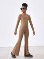 SHEIN Kids Cooltwn Tween Girls' Street Style Sporty Knitted Solid Color Jumpsuit With Square Neckline And Long Sleeve
