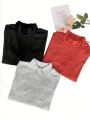 Plus Size Solid Color Ribbed Knit Stand Collar T-Shirt
