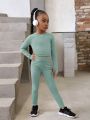 SHEIN Little Girls' Hollow Out Back Crew Neck Drop Shoulder Sleeve T-Shirt And Sweatpants Sports 2pcs Outfit