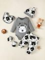 SHEIN Newborn Baby Boys' Cute & Trendy Bear Print Romper + Long Pants + Hat + Bibs + Gloves 5pcs Outfit Set