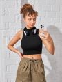 Black High Collar Sporty Vest For Teenage Girls, Suitable For Outdoor Aerobic Exercise, Fitness Training, Jogging, Casual Wear. It Is Elastic, Skin-Friendly, Comfortable, Breathable And Sweat-Absorbing