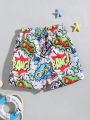 SHEIN Tween Boys' Casual Vacation Loose Weave Beach Shorts/Swim Trunks With Multicolor Pop Art Graffiti And Letter Print