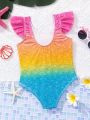 SHEIN Young Girl's Knitted Unicorn Pattern Ombre One-Piece Swimsuit For Casual Or Vacation Wear
