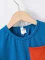 Toddler Boys' Casual Color-Block Knitted Short Sleeve T-Shirt And Shorts Set For Summer