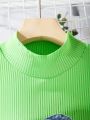 SHEIN Kids QTFun Tween Girls' Cute & Cool 3pcs Green Vest & Denim Shorts & Crossbody Bag Set