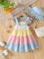 Summer New Arrival Baby Girl Embroidery Color Block Cake Camisole Dress With Hat