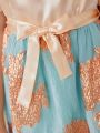 SHEIN Kids Nujoom Tween Girls Color Block Jacquard Patchwork Dress